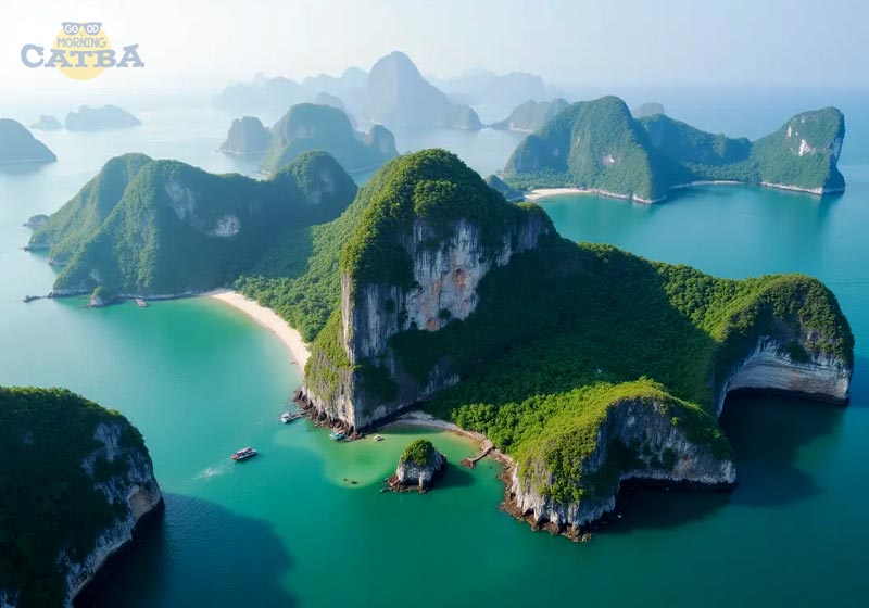 Cat Ba Island view from above with limestone cliffs and blue water in Lan Ha Bay, Vietnam