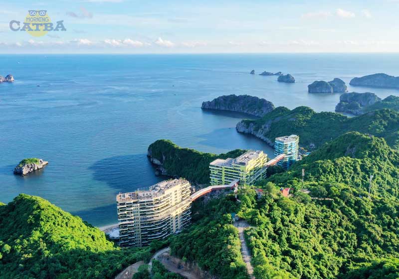 Cat Ba Town seafront with fishing boats, hotels, and limestone hills in the background