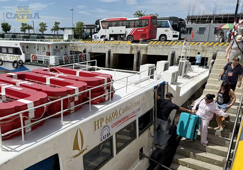 Direct bus and speedboat from Hanoi to Cat Ba Island with local passengers boarding at Dong Bai Terminal