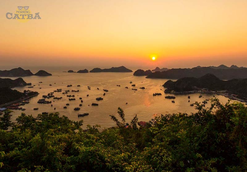 Sunset view from Cannon Fort overlooking Lan Ha Bay and Cat Ba Island fishing boats