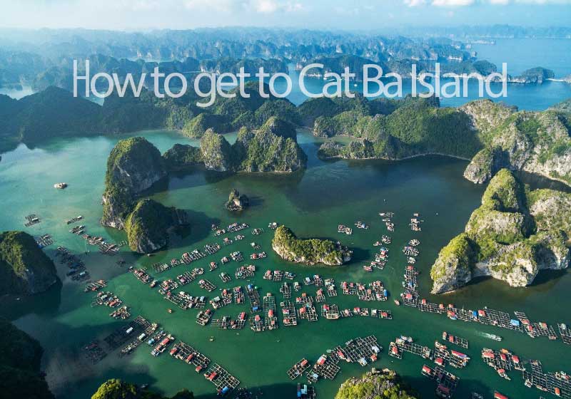 Approaching Cat Ba Island from Hanoi, Hai Phong with limestone cliffs and blue sea in Lan Ha Bay, Vietnam