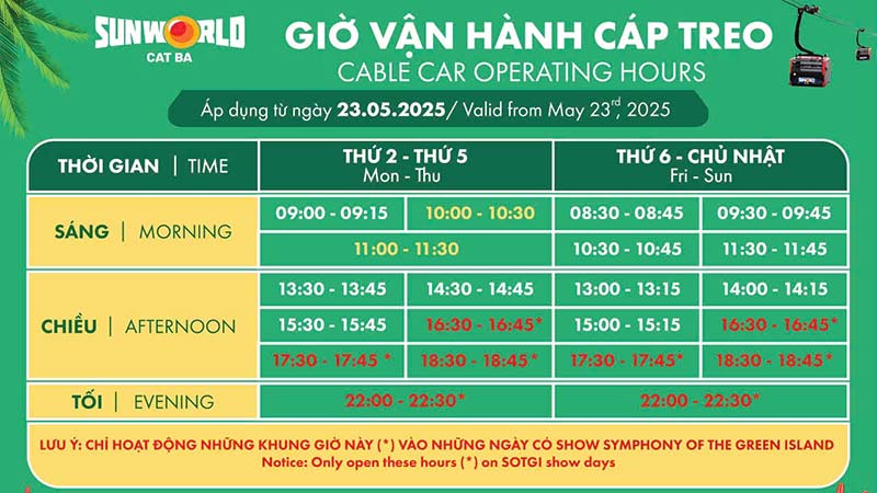 Bảng giờ cáp treo Cát Bà 2025
