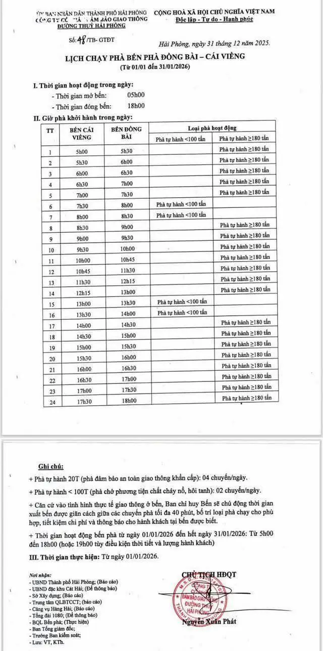 Lịch phà Đồng Bài - Cái Viềng 2026