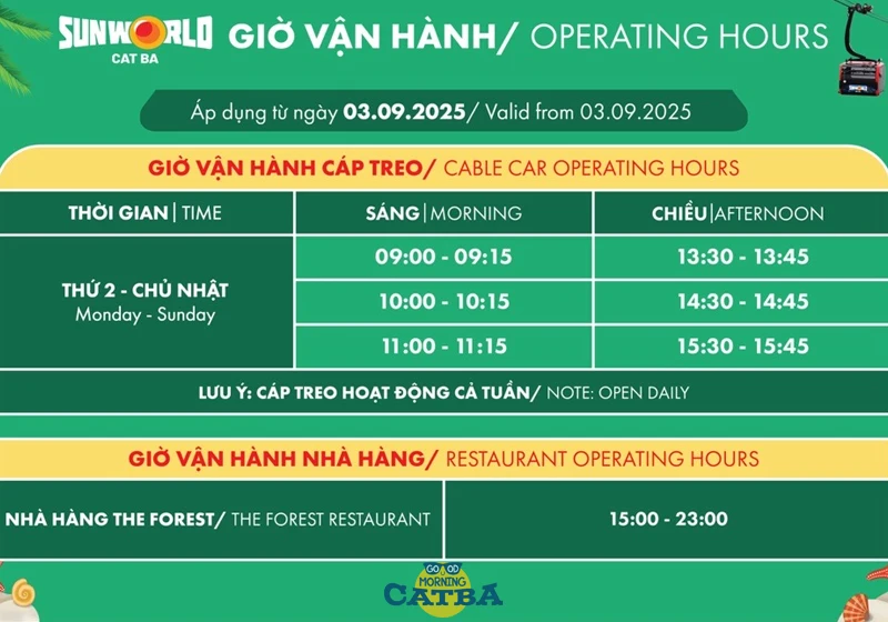 Giờ hoạt động Cáp treo Cát Bà