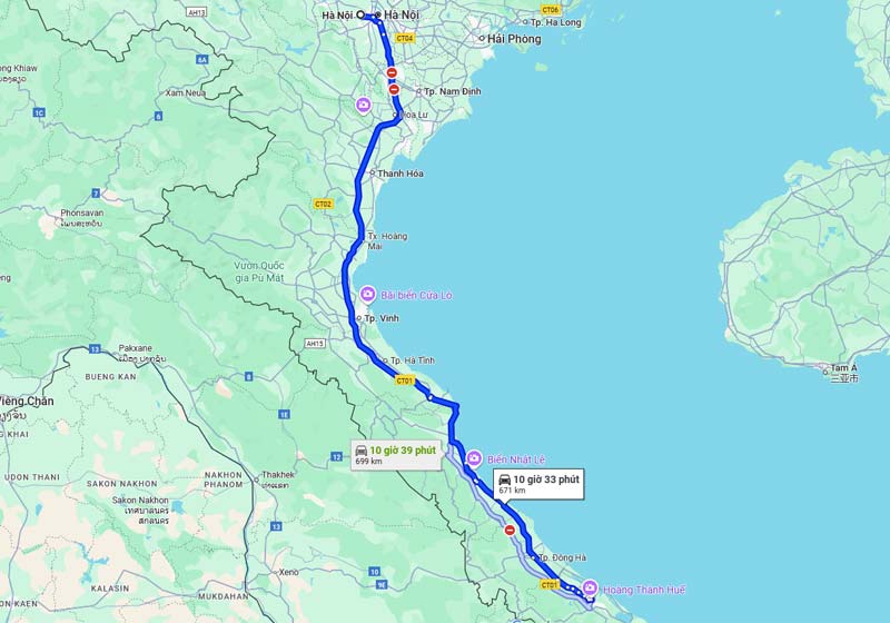 Distance from Hanoi to Hue by bus