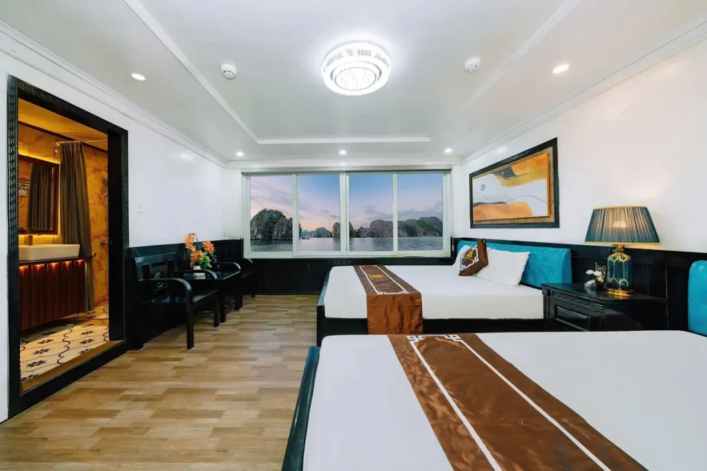 Cruise cabin window view overlooking Lan Ha Bay limestone islands