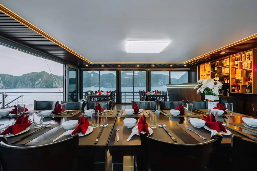Restaurant dining area on Lan Ha Bay overnight cruise